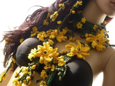 Cordao de flores em croche "Venus " Häkelblume Hallskette "Venus " Scarf, lace, Bufanda Scarf.wmv