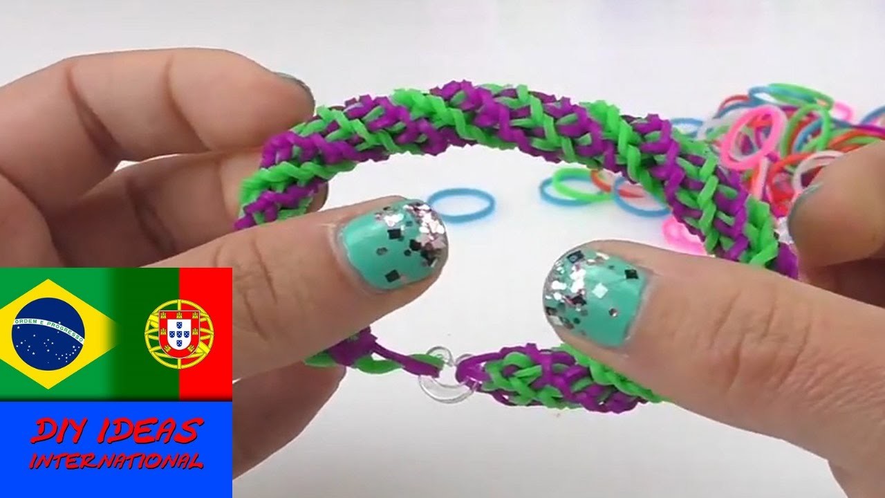 Como fazer pulseira de elásticos  Rainbow Loom em trançado cruzado duplo