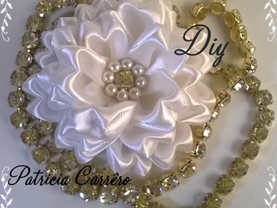Flor de fita com strass e pérola DIY \ Ribbon flower with rhinestones and pearls DIY