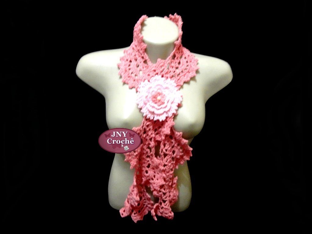 Cachecol de crochê com broche de flor Gardênia JNY Crochê