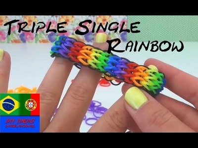Como fazer pulseiras de elástico TRIPLE SINGLE com garfo Rainbow Loom Bands em portugues