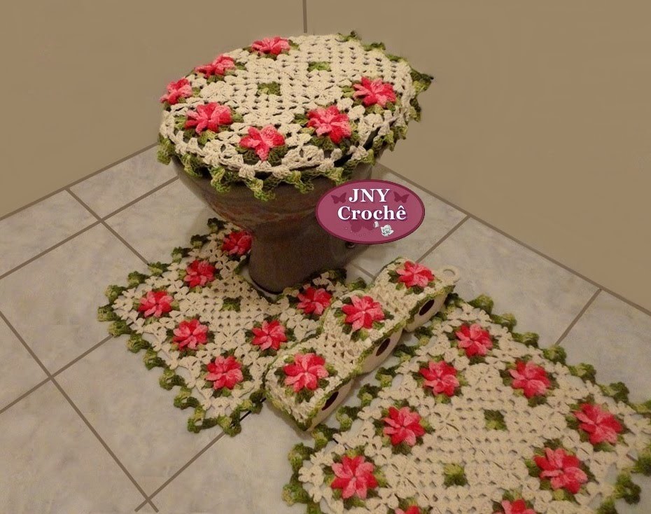 Jogo de Banheiro de Crochê Flores Gerbera Rosa por JNY Crochê