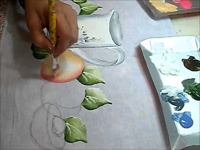 PINTURA EM TECIDO - Pintando bule com pêssegos - how to paint peaches
