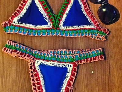 Biquíni de elástico colorido e crochê