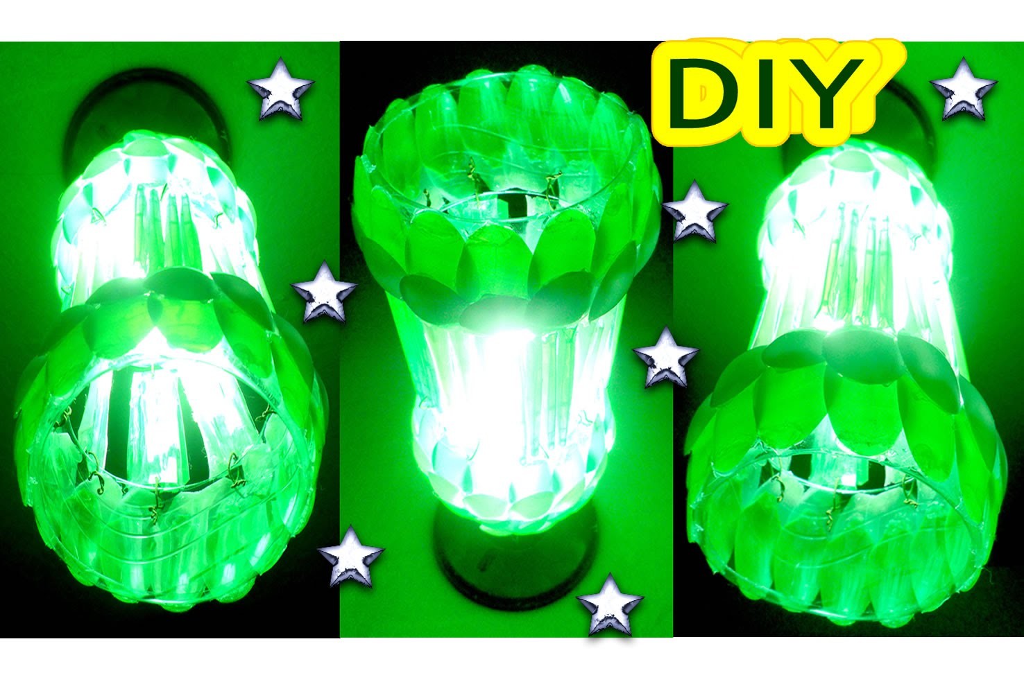 ✂DIY - Como Fazer Luminária Feita de Garrafa Pet e Colheres Descartáveis  (Verde e Branca) #Lustre03