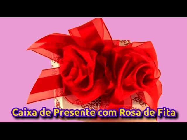 Caixa de Presentes com Rosa de Fita com Flores De Fita De Cetim