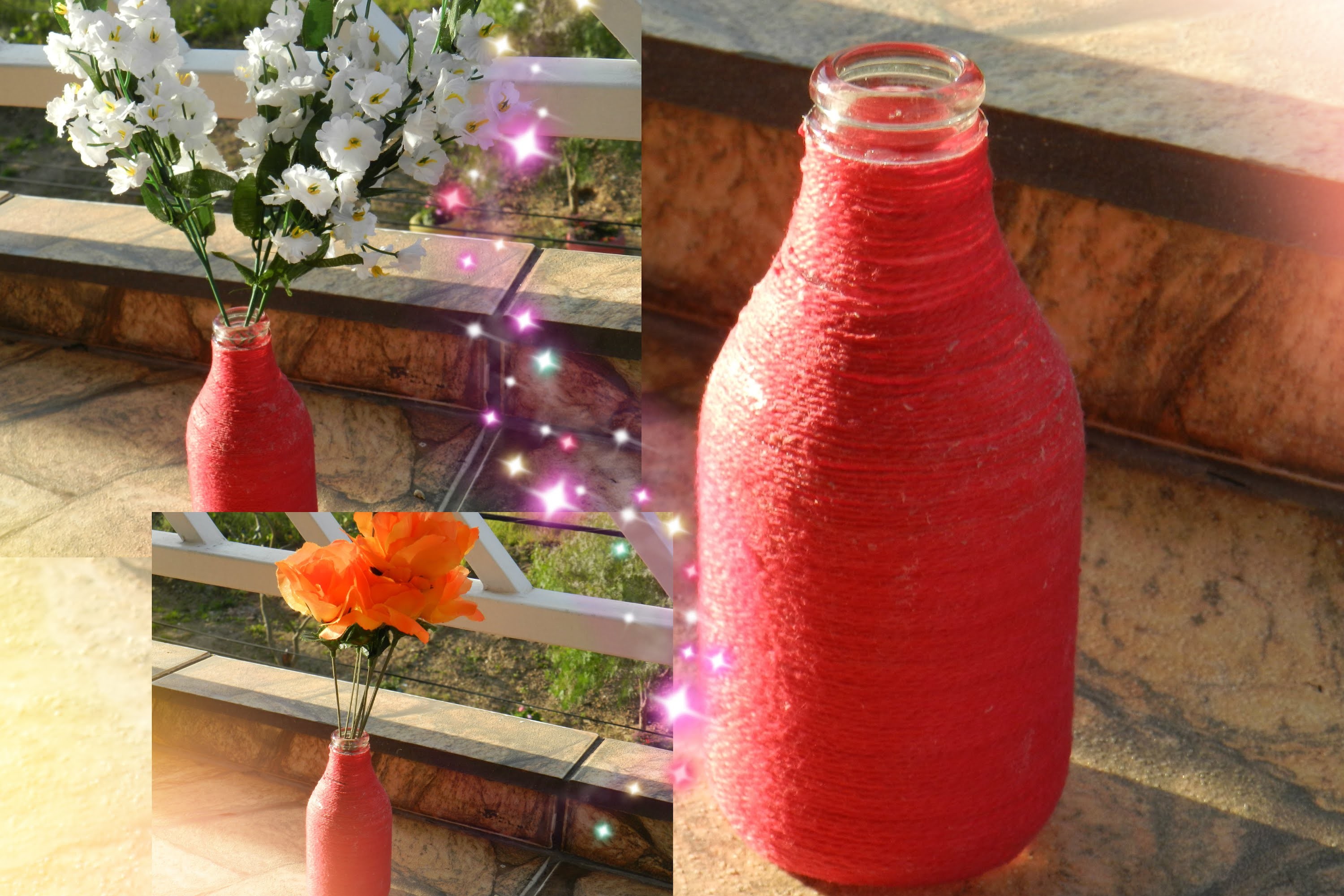 DIY: Garrafinha decorada com barbante (transformando-a em vaso de flores)