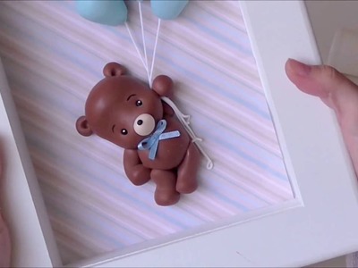 DIY Quadrinho Maternidade Marrom e Azul - Ursinho e balões em biscuit