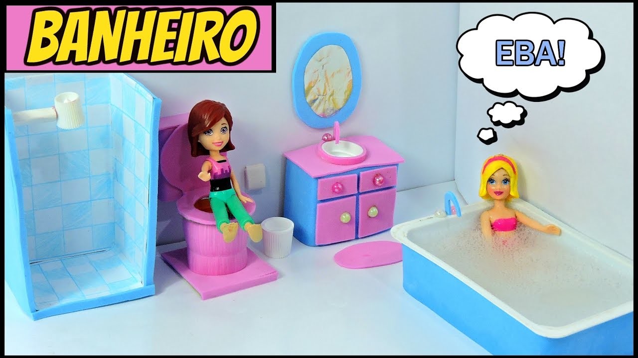 Como fazer BANHEIRO para boneca( vaso sanitário,box,chuveiro,banheira, lavatório e espelho.