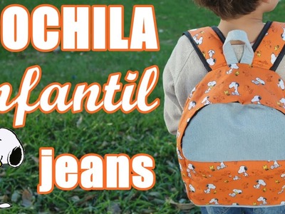 Mochila jeans infantil com tecido Snoopy - Suellen Redesign