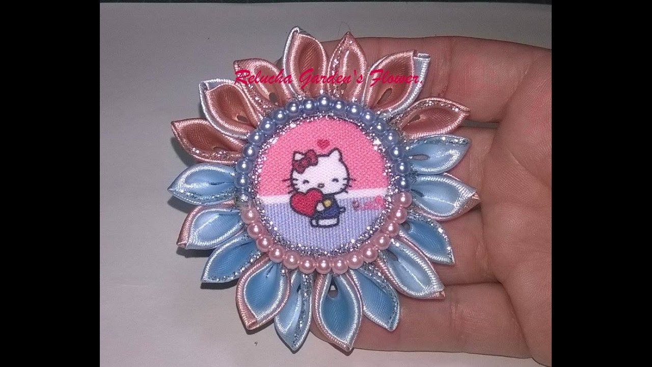 #38 - Flor de Tecido Cetim - Chatom Hello Kitty. DIY - Satin Flower.kanzashi.