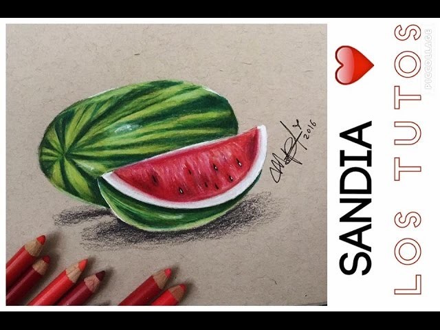 COMO DIBUJAR UNA SANDIA REALISTA CON LAPICES DE COLORES -how to draw a watermelon