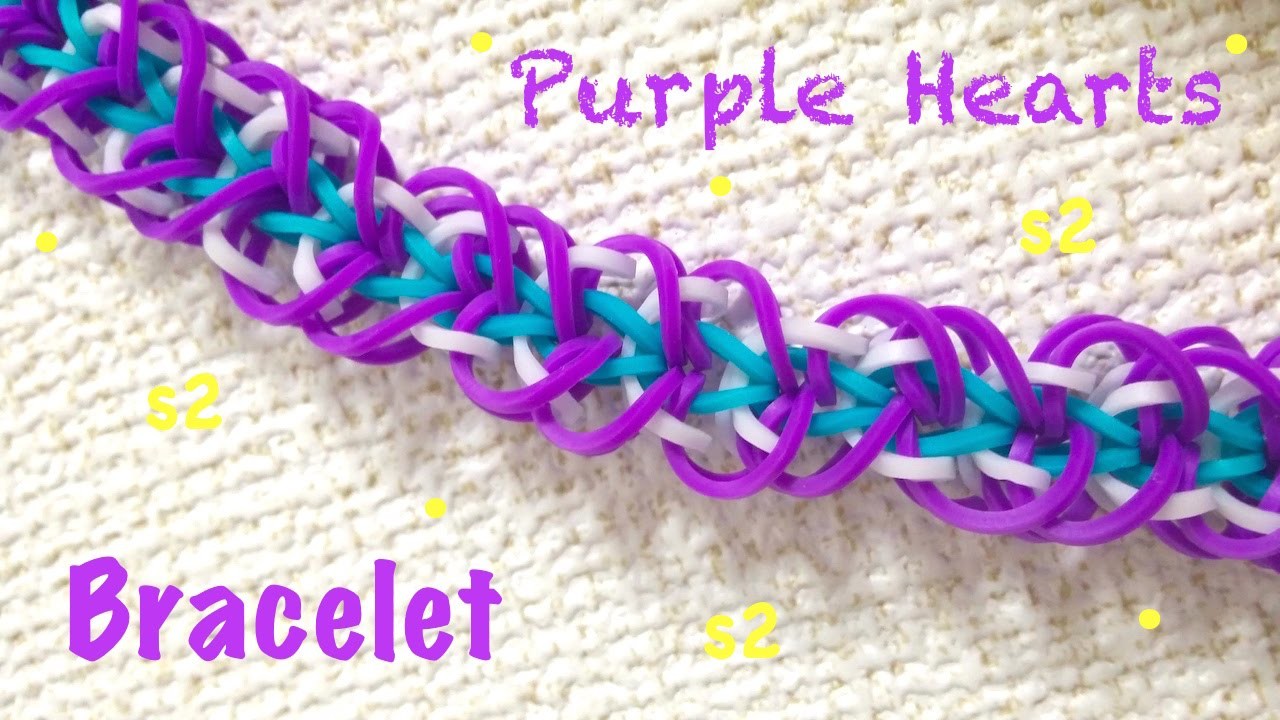 Como fazer pulseira de elástico - Purple Hearts #LoomBands (sem tear) ファンルームブレスレットの作り方 - レインボールーム