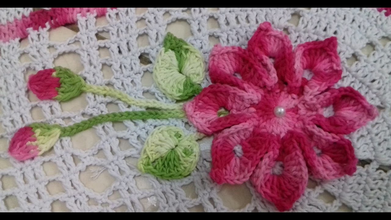 Flor, Botões e Folhas em Crochê Para Aplicações em Tapete de Barbante Oval Com Cristina Coelho Alves