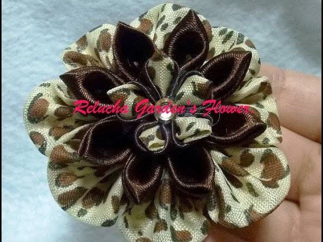 Kanzashi #83 - Flor de Tecido Cetim- Onça e Marrom  ! - DIY - Flower . サテン花. 簪