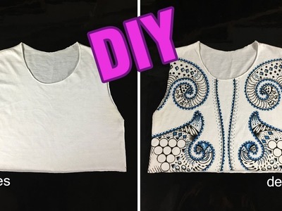 DIY Customizando Camiseta Regata Branca em Cropped com caneta pra tecido Acrilpen - Customização #3