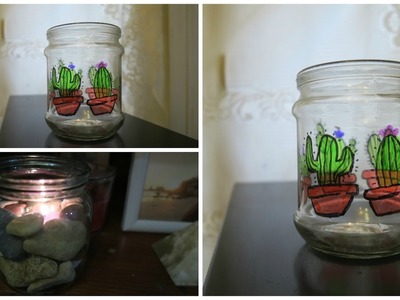 DIY de decoração Inspirado no Pinterest - Cactos desenhado no pote de vidro e Porta Velas