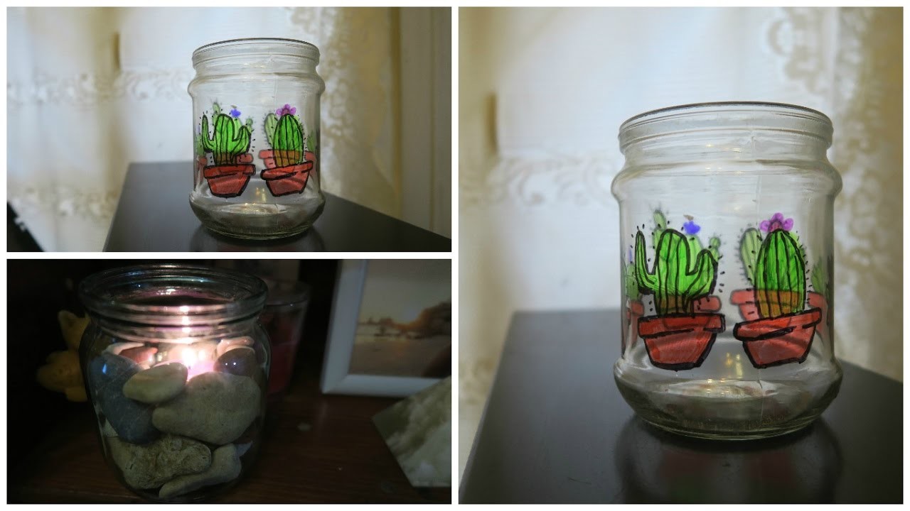 DIY de decoração Inspirado no Pinterest - Cactos desenhado no pote de vidro e Porta Velas