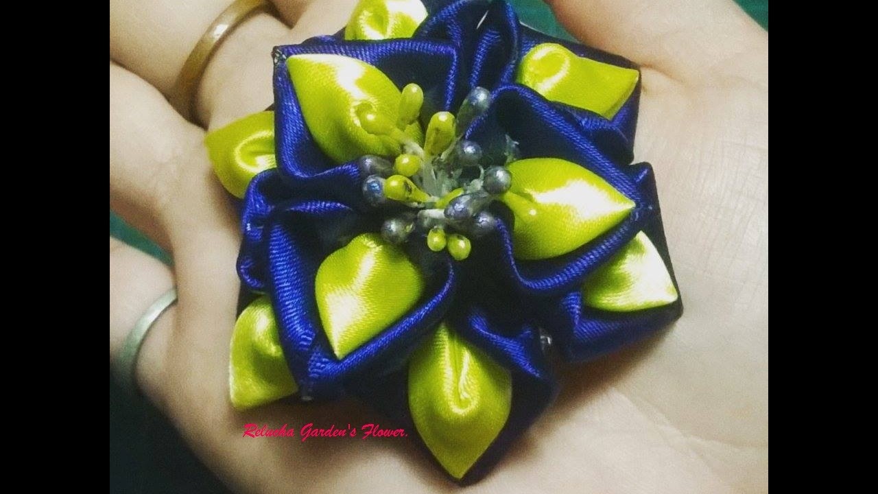 Kanzashi #112 - Como fazer Flor  de Tecido Cetim ! DIY - Blue and Yellow - Satin Flower. 簪