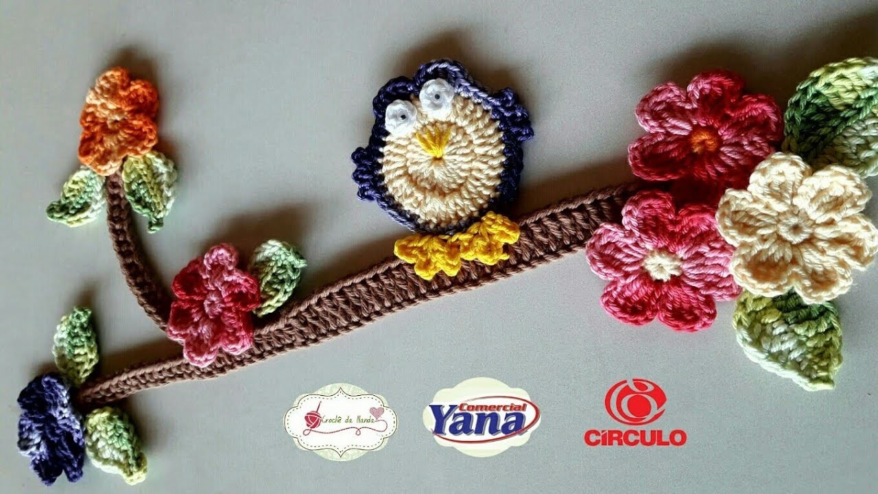 Coruja ,galho ,Folha e flor em crochê pra aplicação. (TAPETE ROXO PAIXÃO)