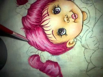 Pintando cabelinhos cor de rosa - pintura em tecido