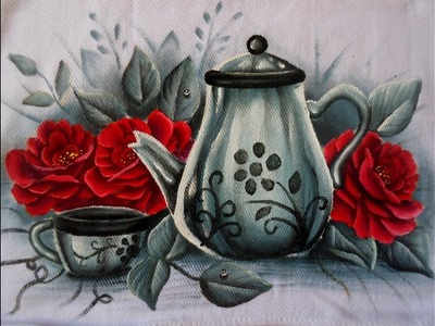 Pintura em tecido | Como pintar Chaleira e rosas | passo a passo pintura em pano de prato