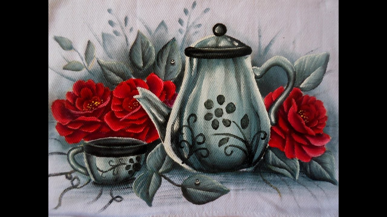 Pintura em tecido | Como pintar Chaleira e rosas | passo a passo pintura em pano de prato
