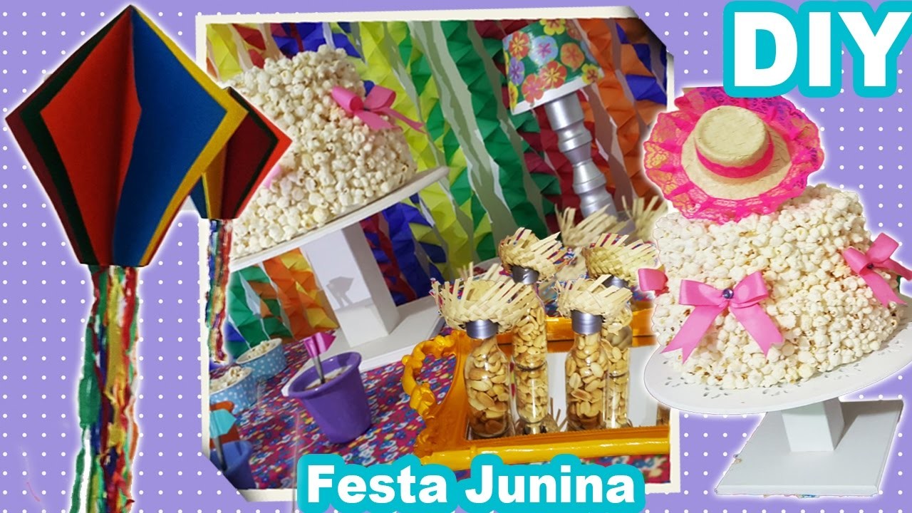 DIY Festa Caipira | Bolo de Pipoca , Balão de papel e Painel de fundo da decoração