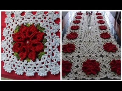 Toalhinha do Caminho de Mesa com Flores Vermelhas em Crochê com Cristina Coelho Alves