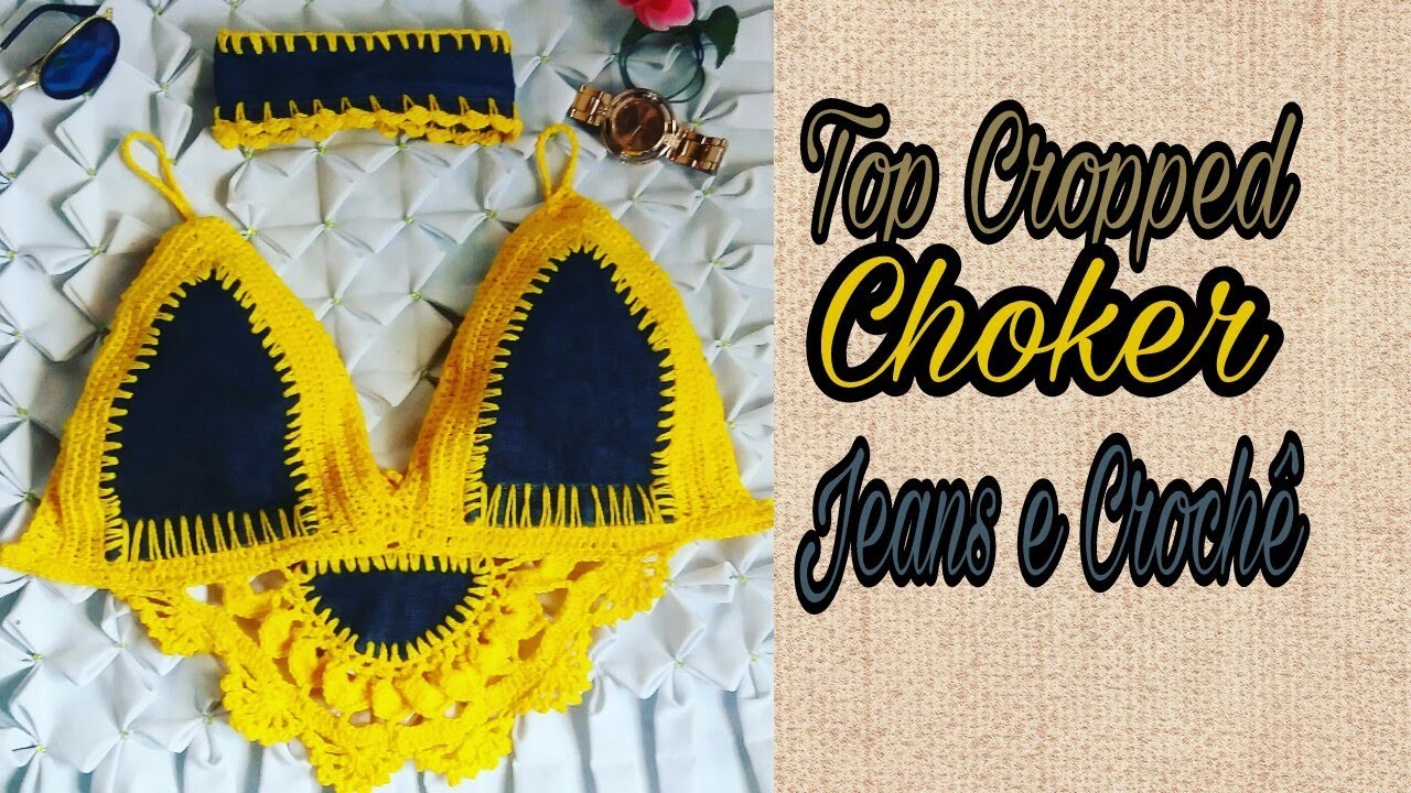 Top Cropped  Choker Jeans e Crochê  (Noellya Ribeiro )