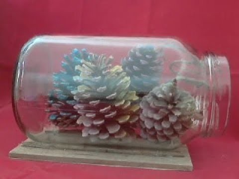 Artesanato com Vidro de palmito -  decoração com pinhas