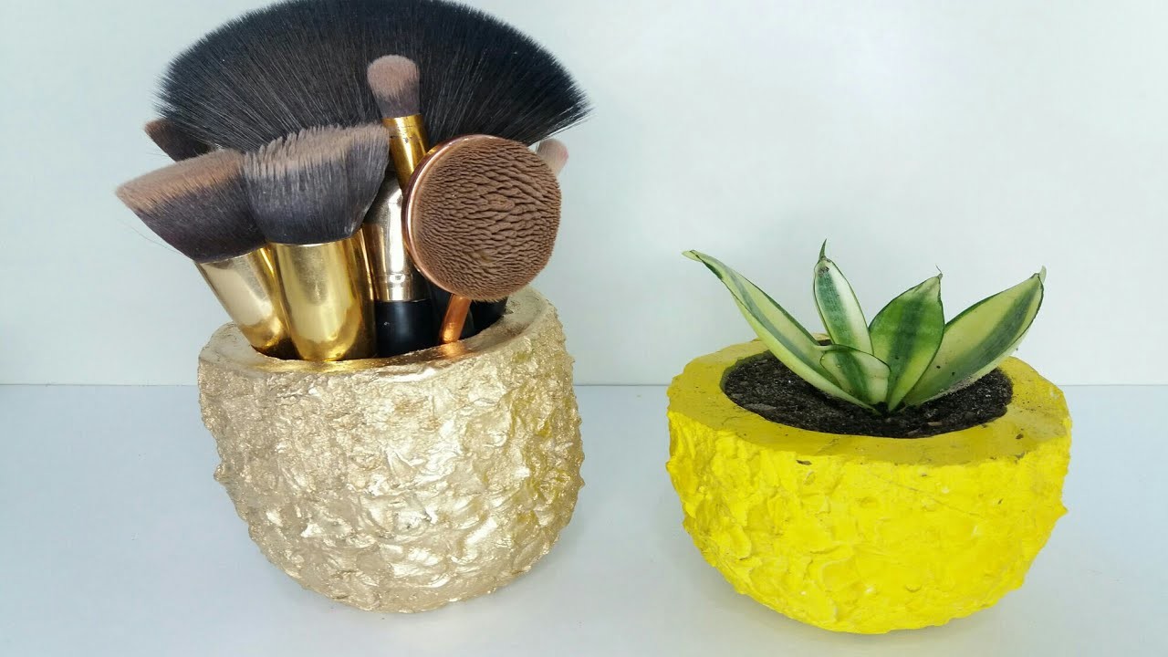 Diy Porta Pincéis de Maquiagem e Como fazer Vaso Abacaxi de Gesso