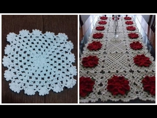 Square - Quadrado do Caminho de Mesa em Crochê com Flores vermelhas - Cristina Coelho Alves