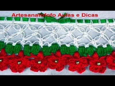 Bico em crochê com flores #CANHOTO -  CROCHÊ 66 - #bicoemcrochecomflores #natal #crochedenatal