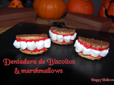 DIY Receita para o Halloween - Dentadura  de biscoitos com marshmallows # Halloween food 17