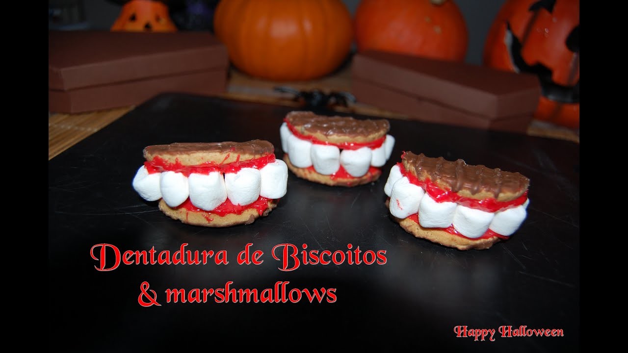 DIY Receita para o Halloween - Dentadura  de biscoitos com marshmallows # Halloween food 17