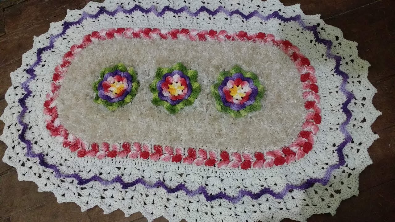 Tapete  oval  com barbante decore, flores e tança, fácil de fazer ( 2 parte )
