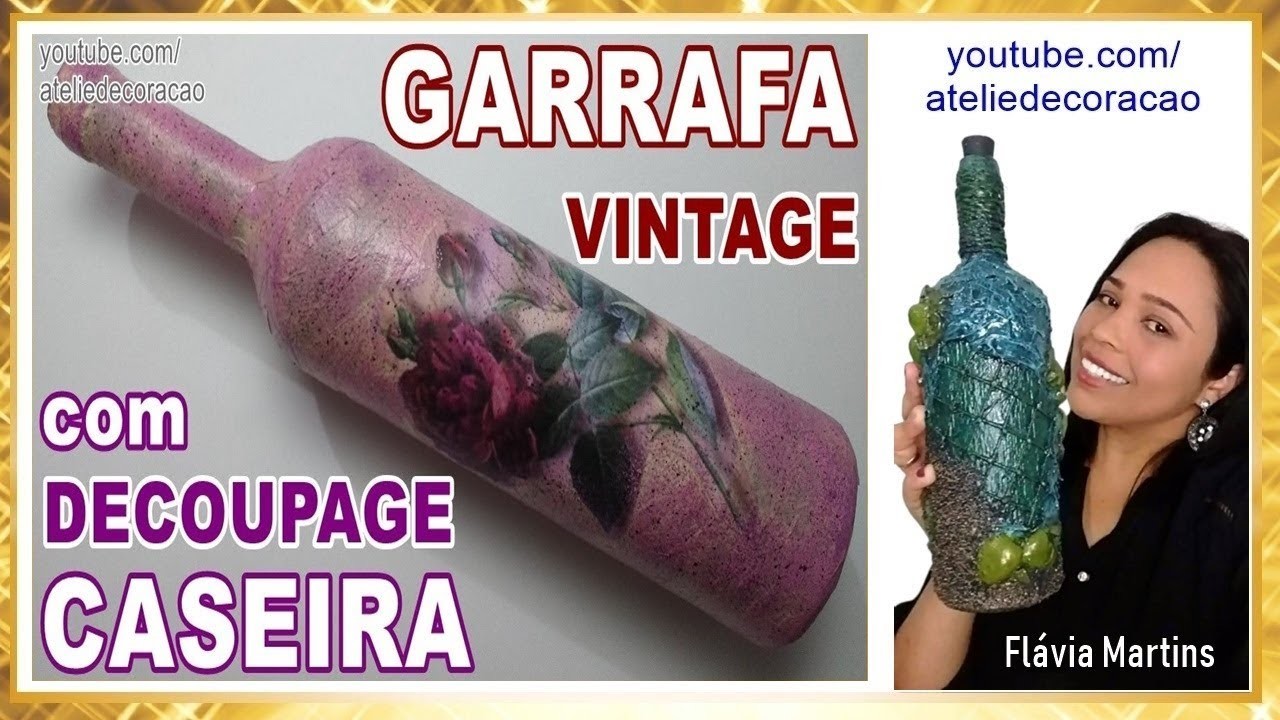 GARRAFA VINTAGE com decoupage caseira de rosas - Ft Compartilhando Arte