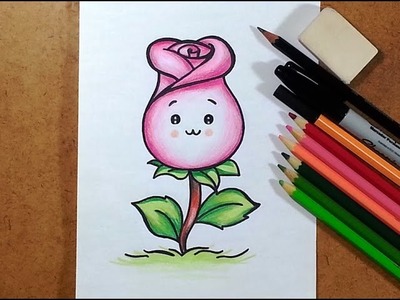 Como desenhar uma Rosa Kawaii - How to draw a Rose Kawaii