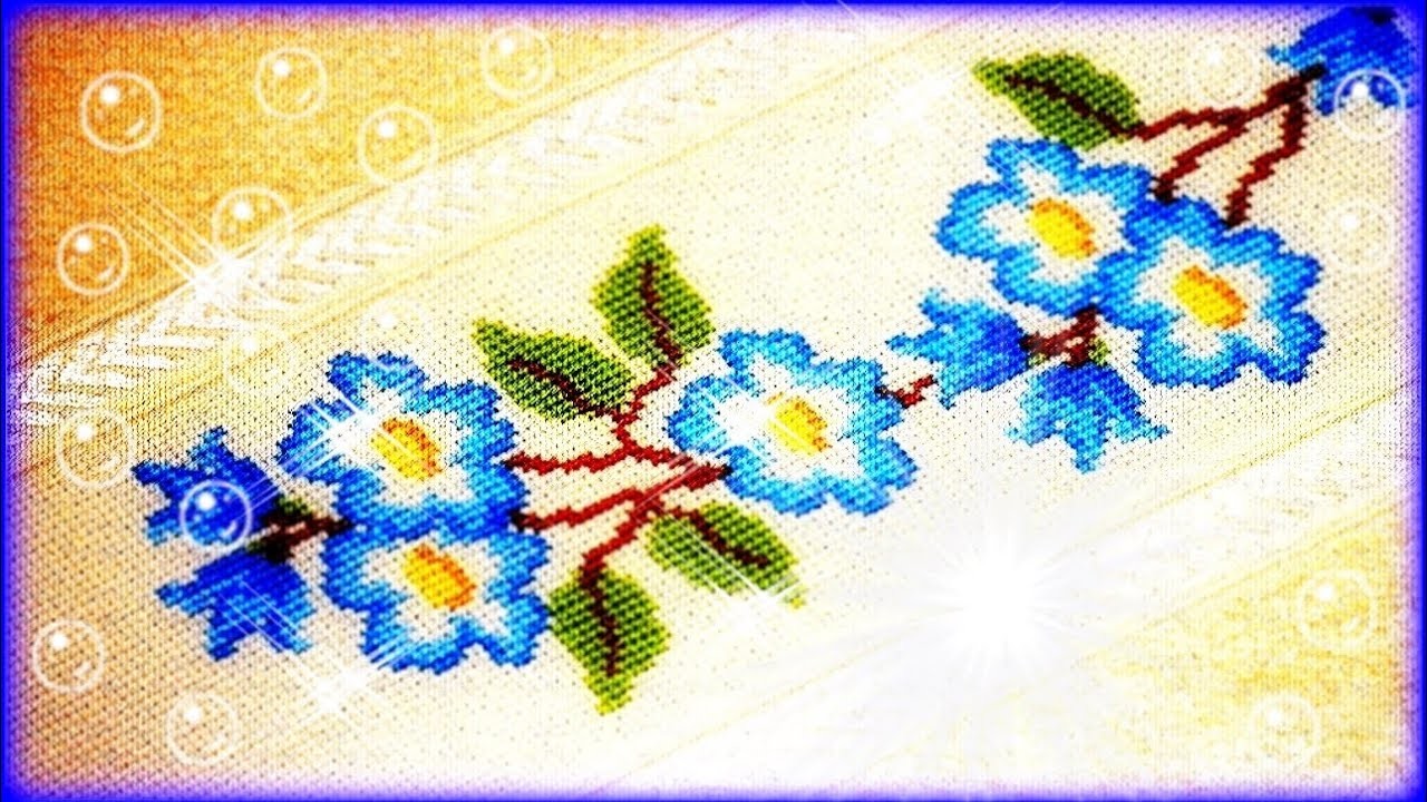 Toalha flores azuis ponto cruz