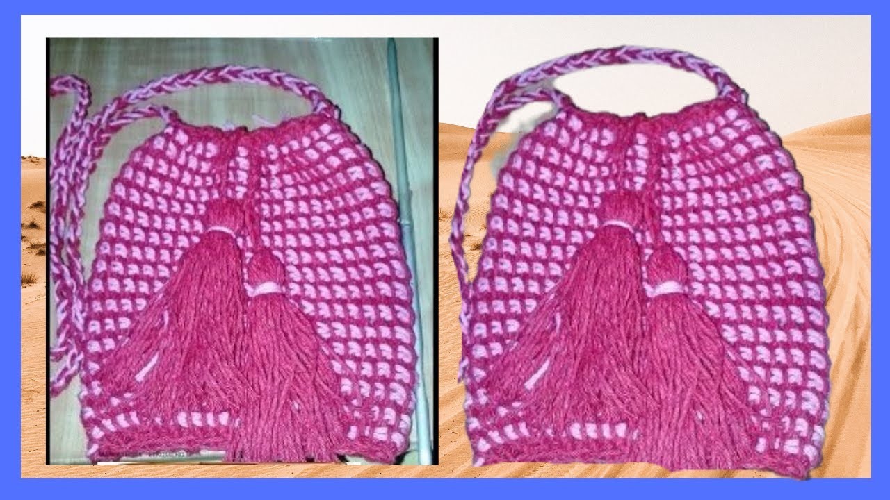 Bolsa croche tunisiano sem costura nas laterais feito com agulha de duas pontas. Marly Thibes