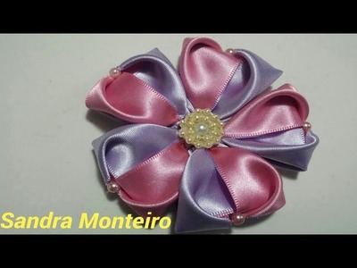 Como fazer flor coração colorido com pérolas , DIY,feito com fita de cetim numero 9, Sandra Monteiro