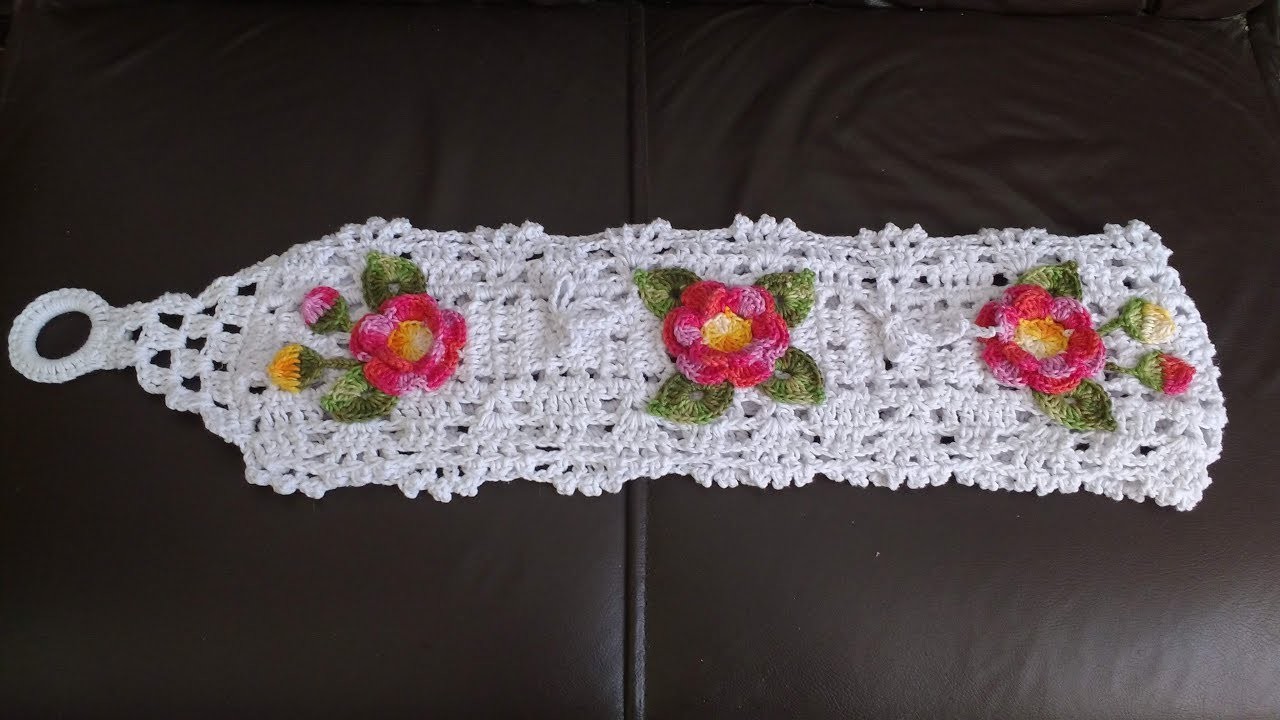 Porta papel higiênico de crochê com flores,muito fácil de fazer ( 1 parte )