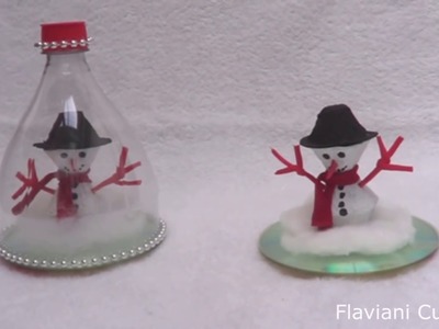 Enfeite de Natal feito com embalagem de ovo, CD e garrafa Pet (Boneco de neve)