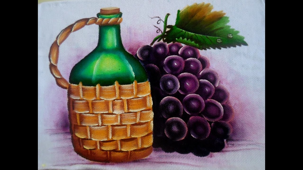 Pintura em tecido| como pintar Uvas e garrafa de vinho | pintura em pano de prato | passo a passo