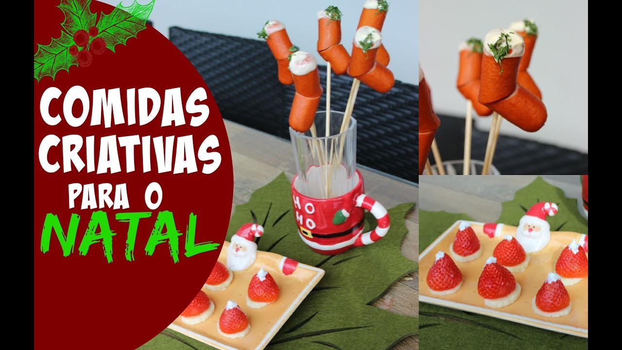 COMIDINHAS TEMÁTICAS DE NATAL - BOTINHA DE SALSICHA E GORRO DE FRUTAS