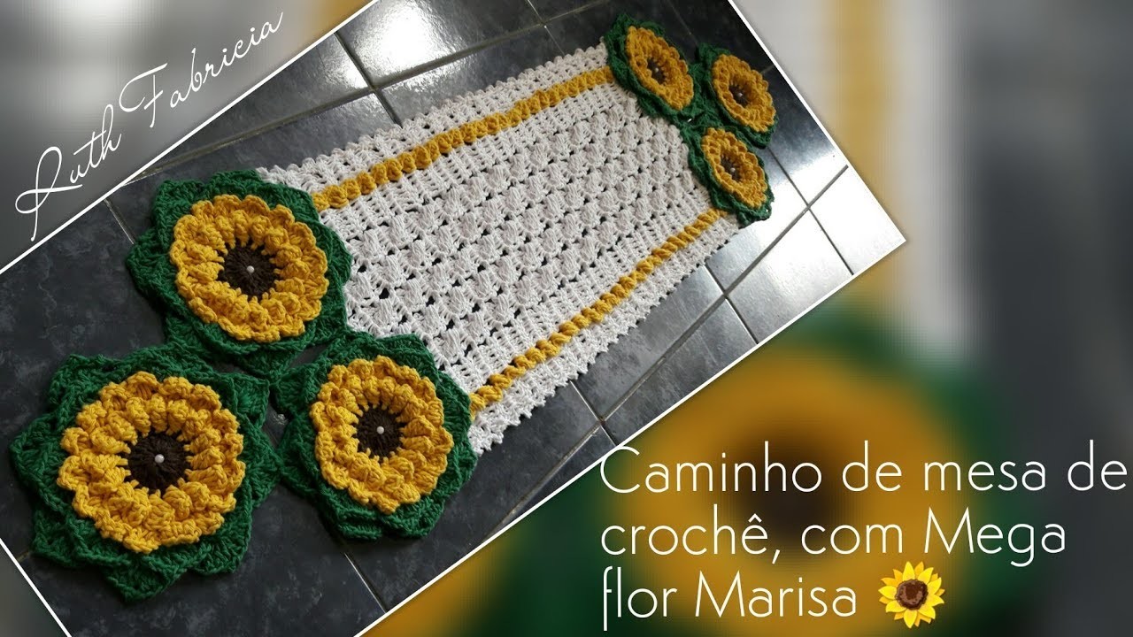 Caminho de mesa de crochê, com Mega flor Marisa