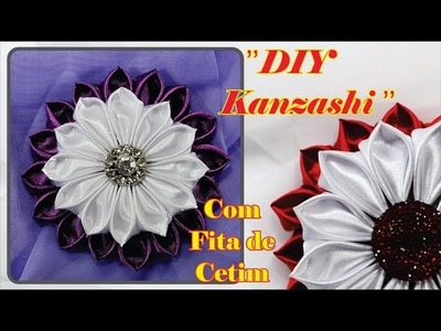 Flor de fita de cetim Kanzashi, como fazer passo a passo, presilha jacaré e broche, diy kanzashi