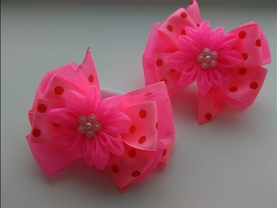 Розовые бантики из атласных лент и органзы МК Канзаши.Pink ribbons of satin and organza Kanzashi