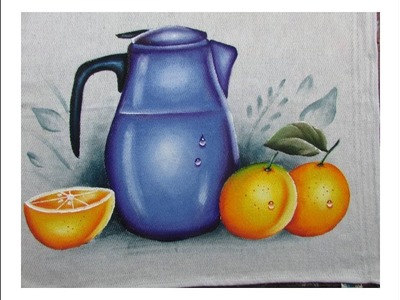 Pintura em tecido | Como pintar laranja e jarra em pano de prato